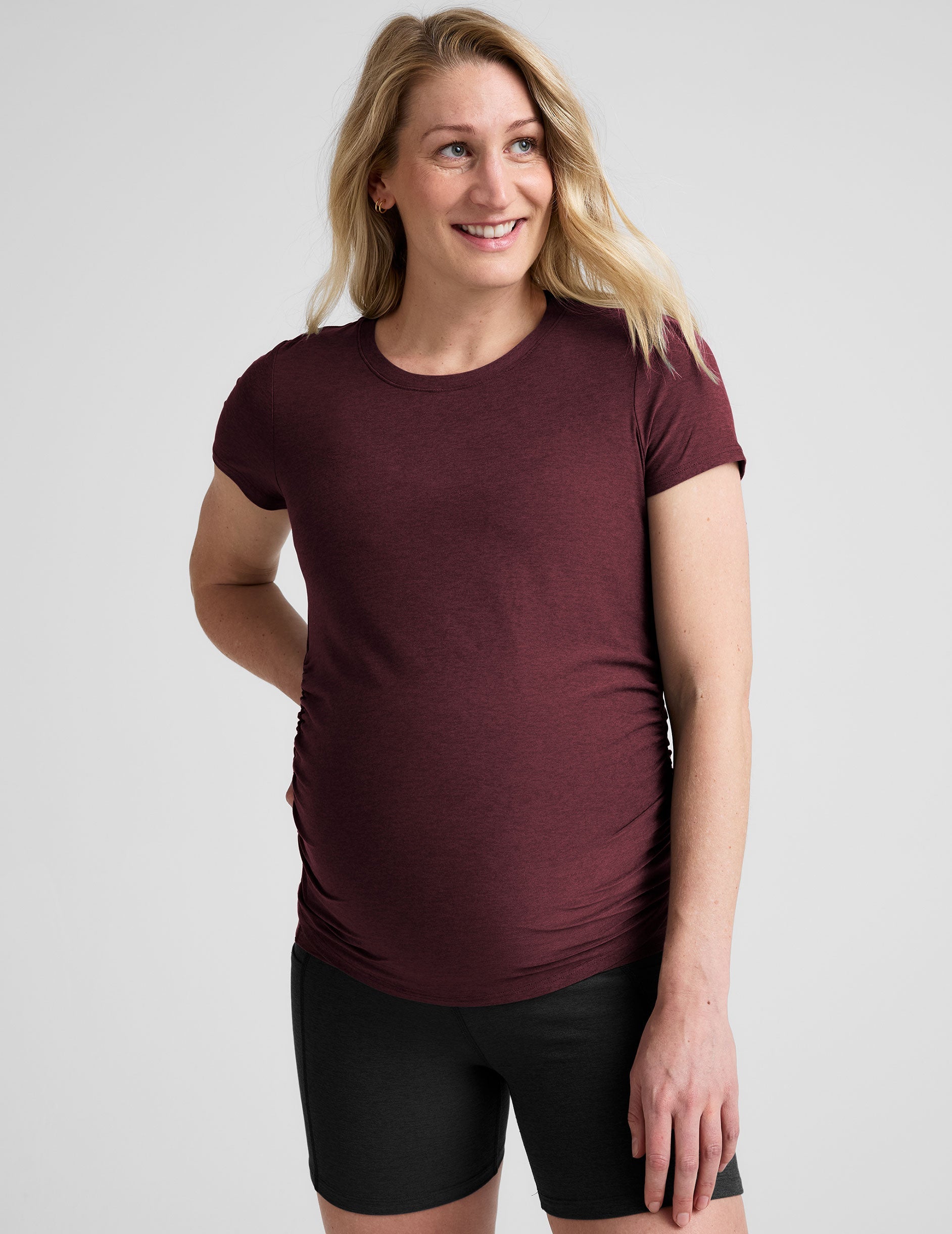 red short sleeve maternity crew neck top.