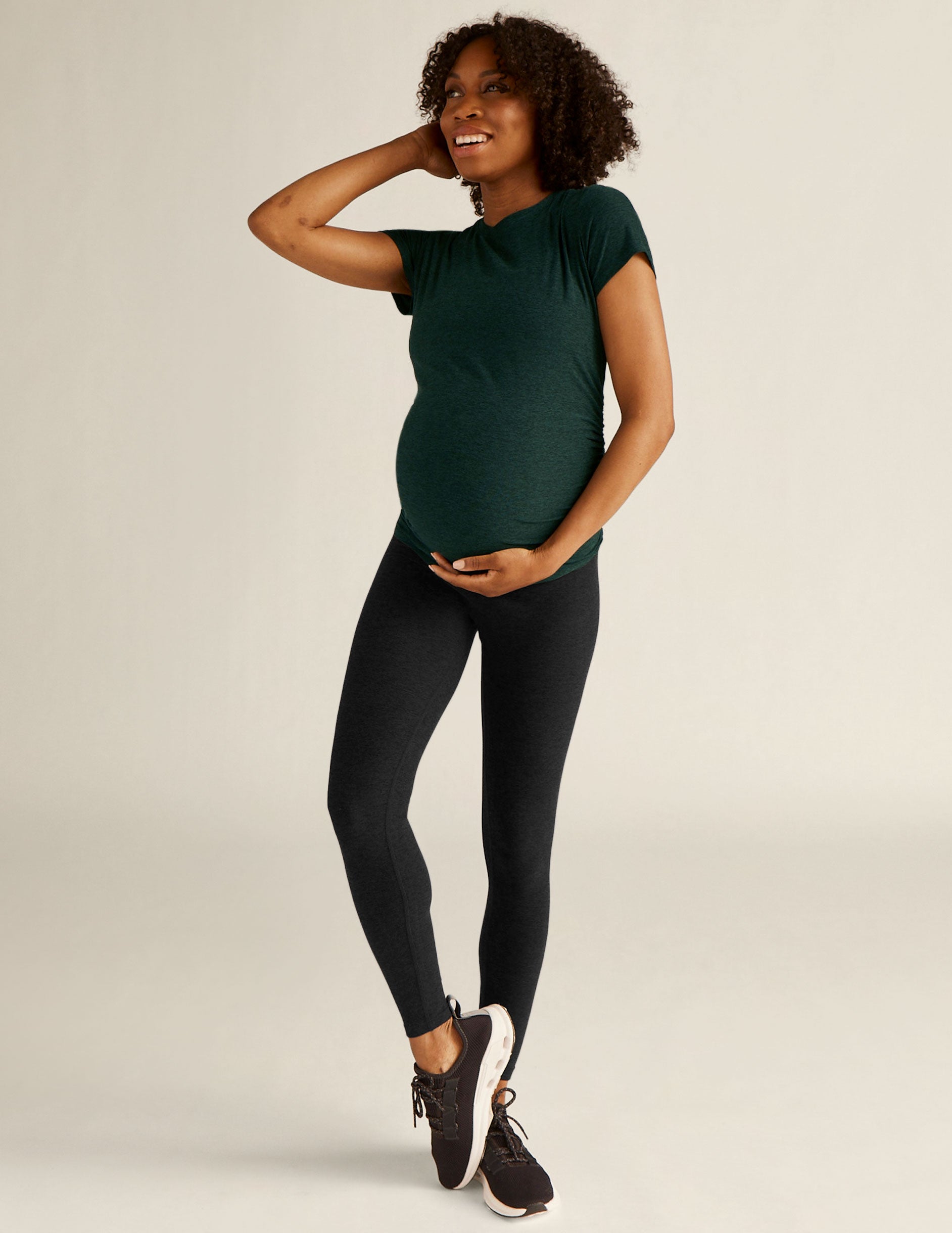 green maternity scoop neck short sleeve t-shirt.