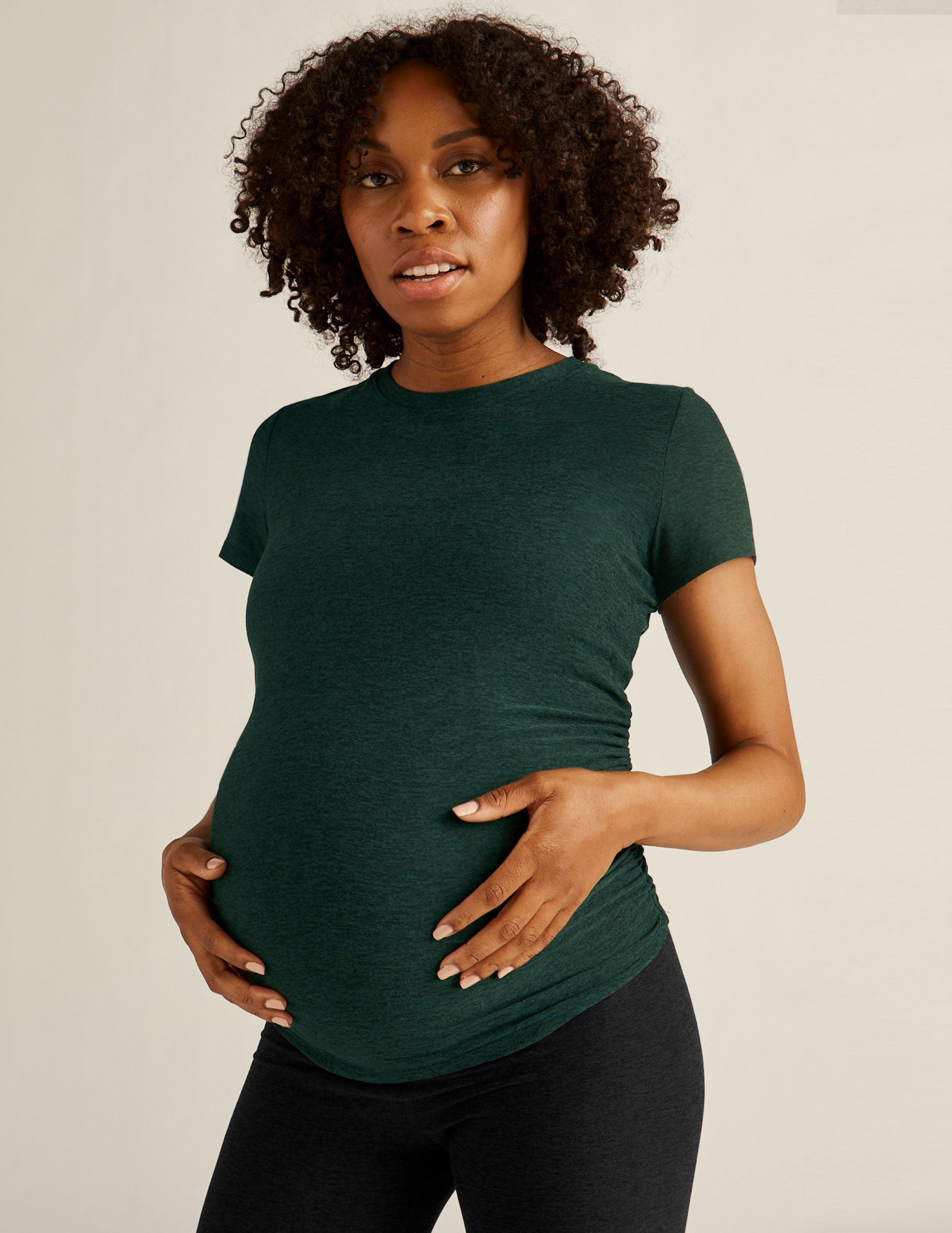 green maternity scoop neck short sleeve t-shirt.