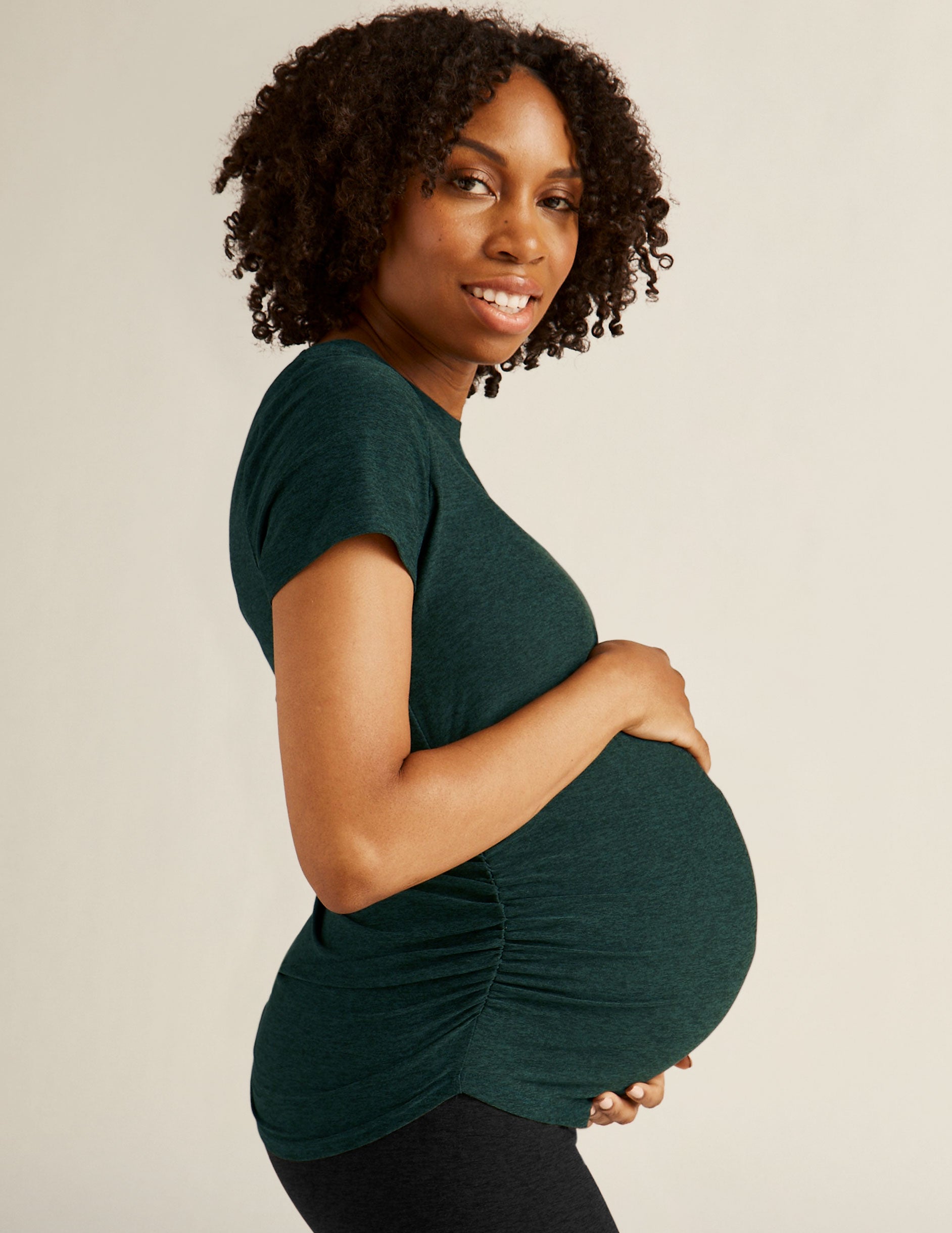 green maternity scoop neck short sleeve t-shirt.