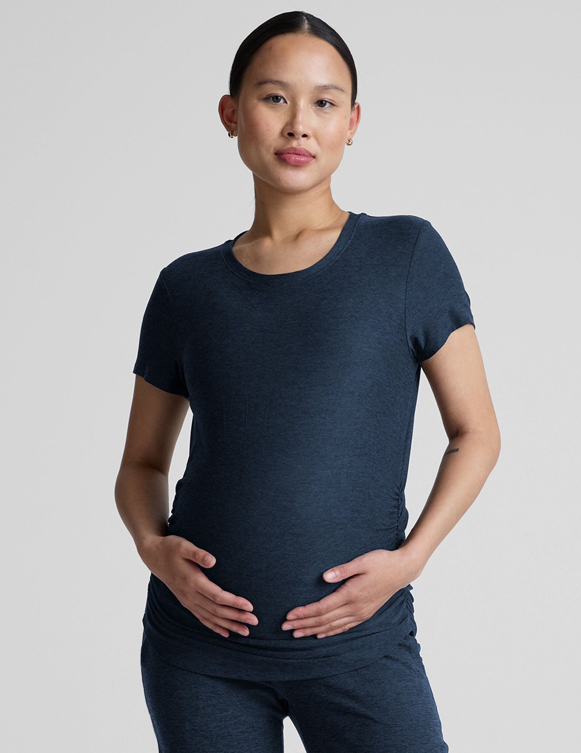blue crew neck short sleeve maternity top.