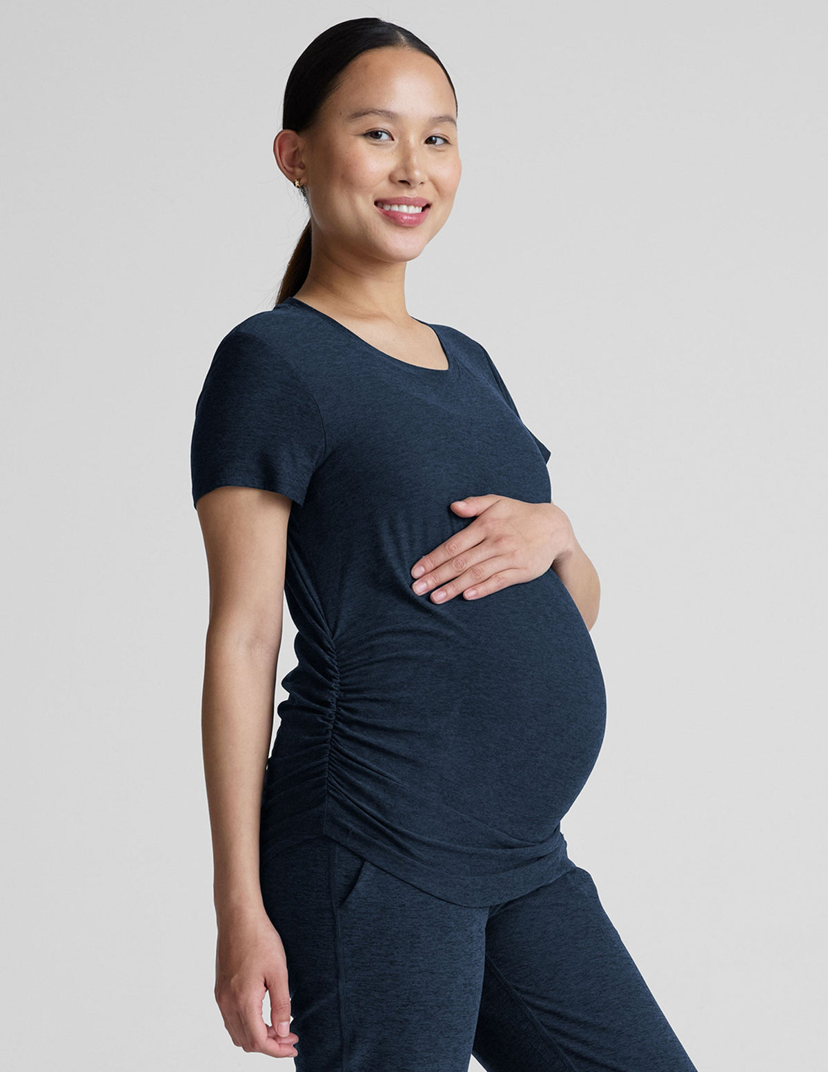 blue crew neck short sleeve maternity top.