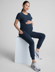 blue crew neck short sleeve maternity top.