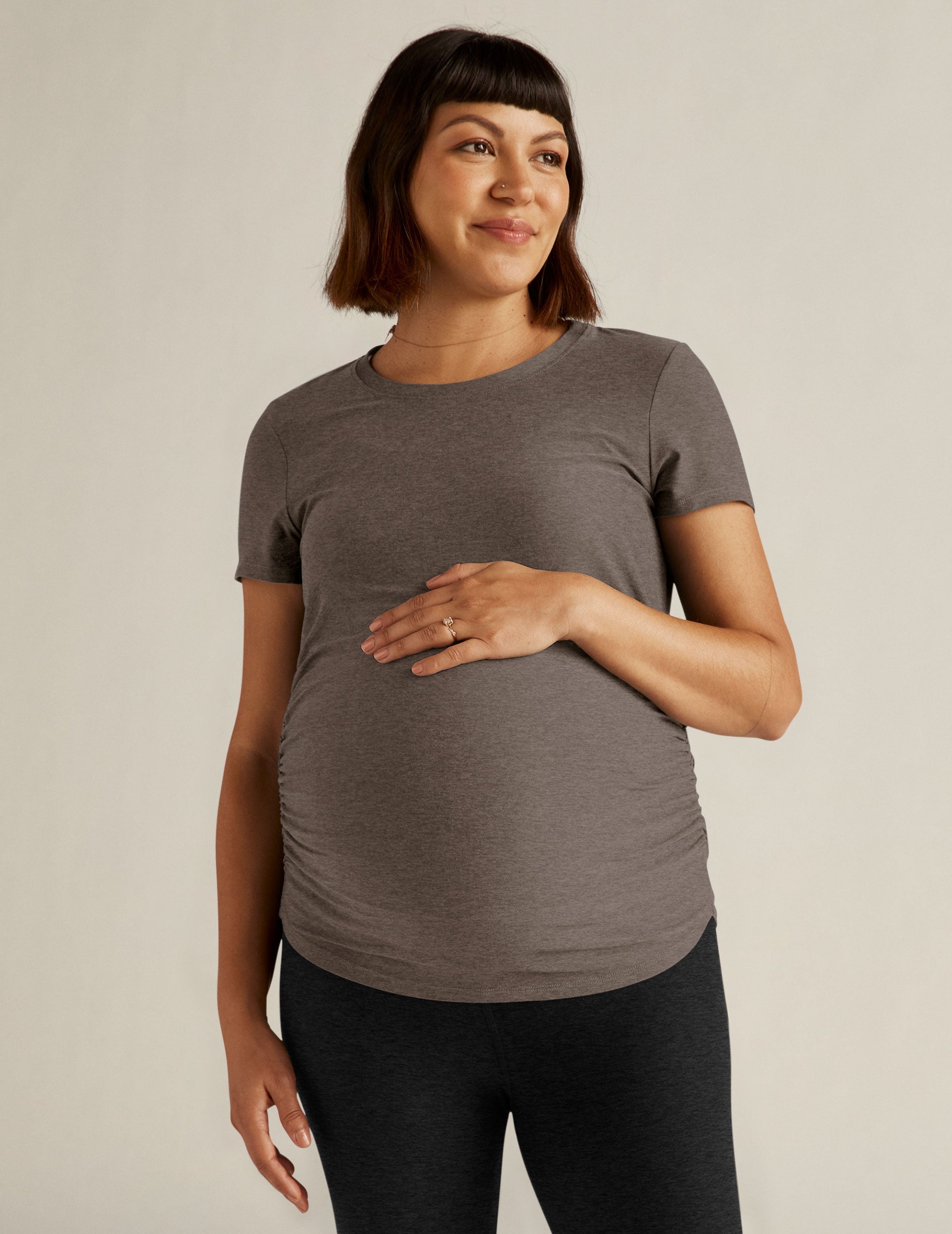 brown short sleeve scoop neck maternity t-shirt.