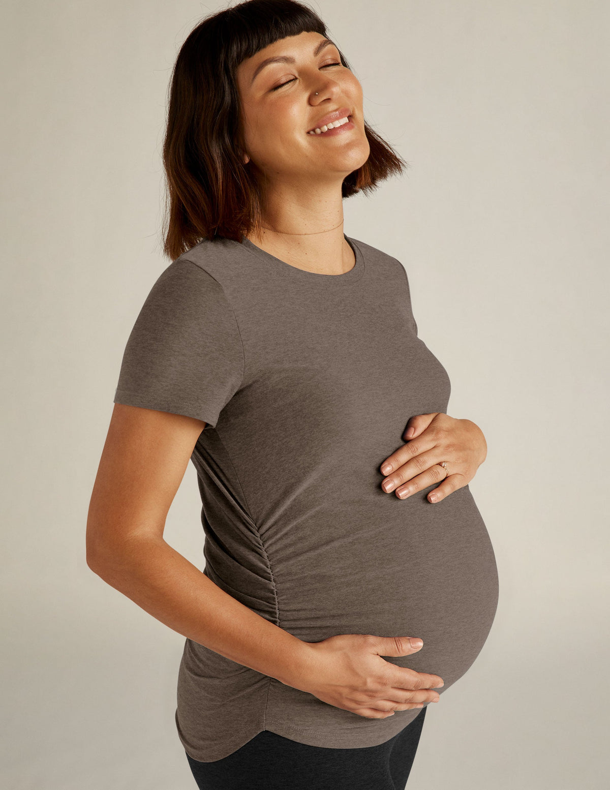 brown short sleeve scoop neck maternity t-shirt.