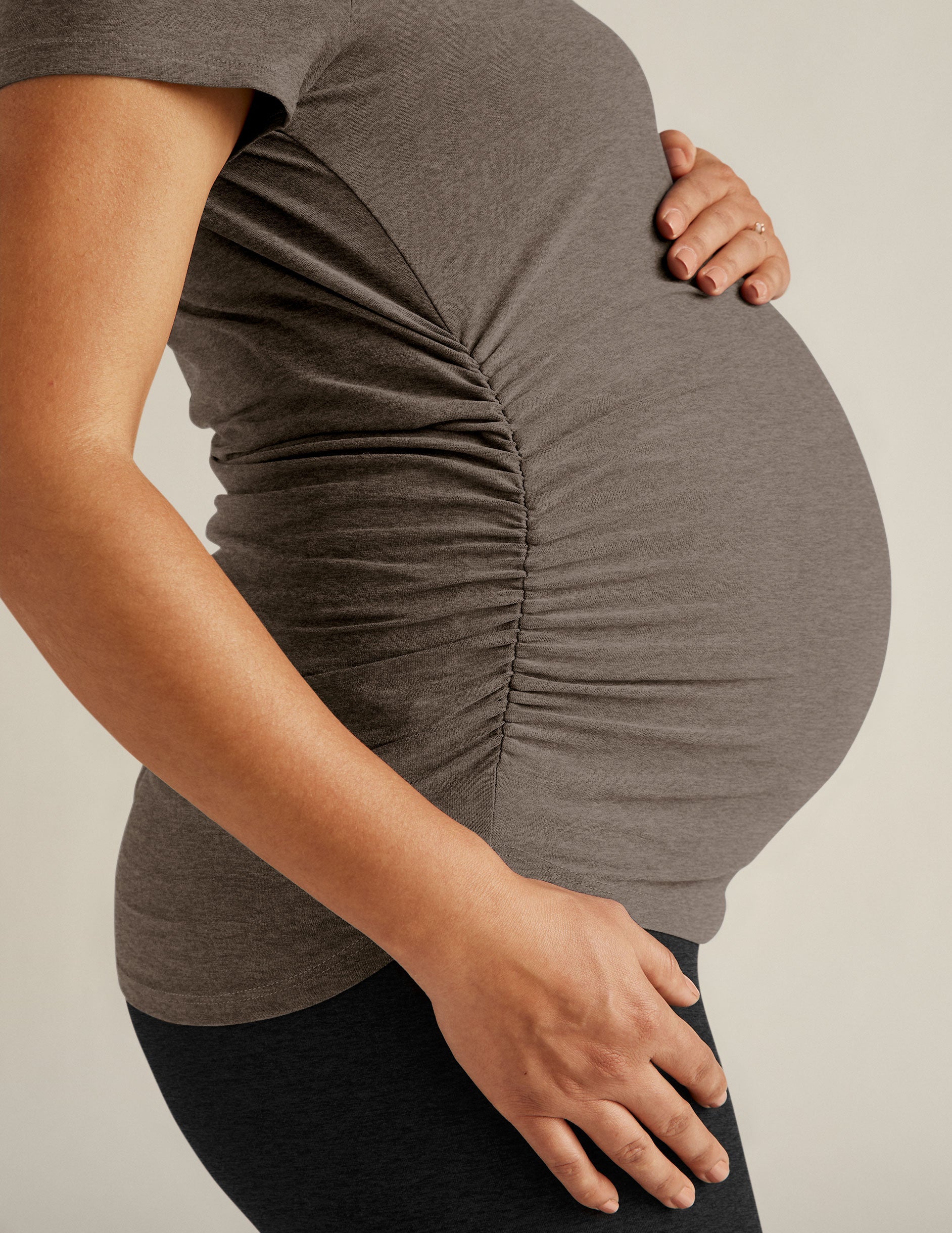 brown short sleeve scoop neck maternity t-shirt.