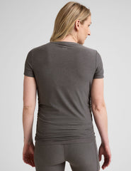 grey short sleeve maternity top.
