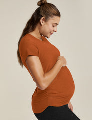 brown maternity scoop neck short sleeve top.