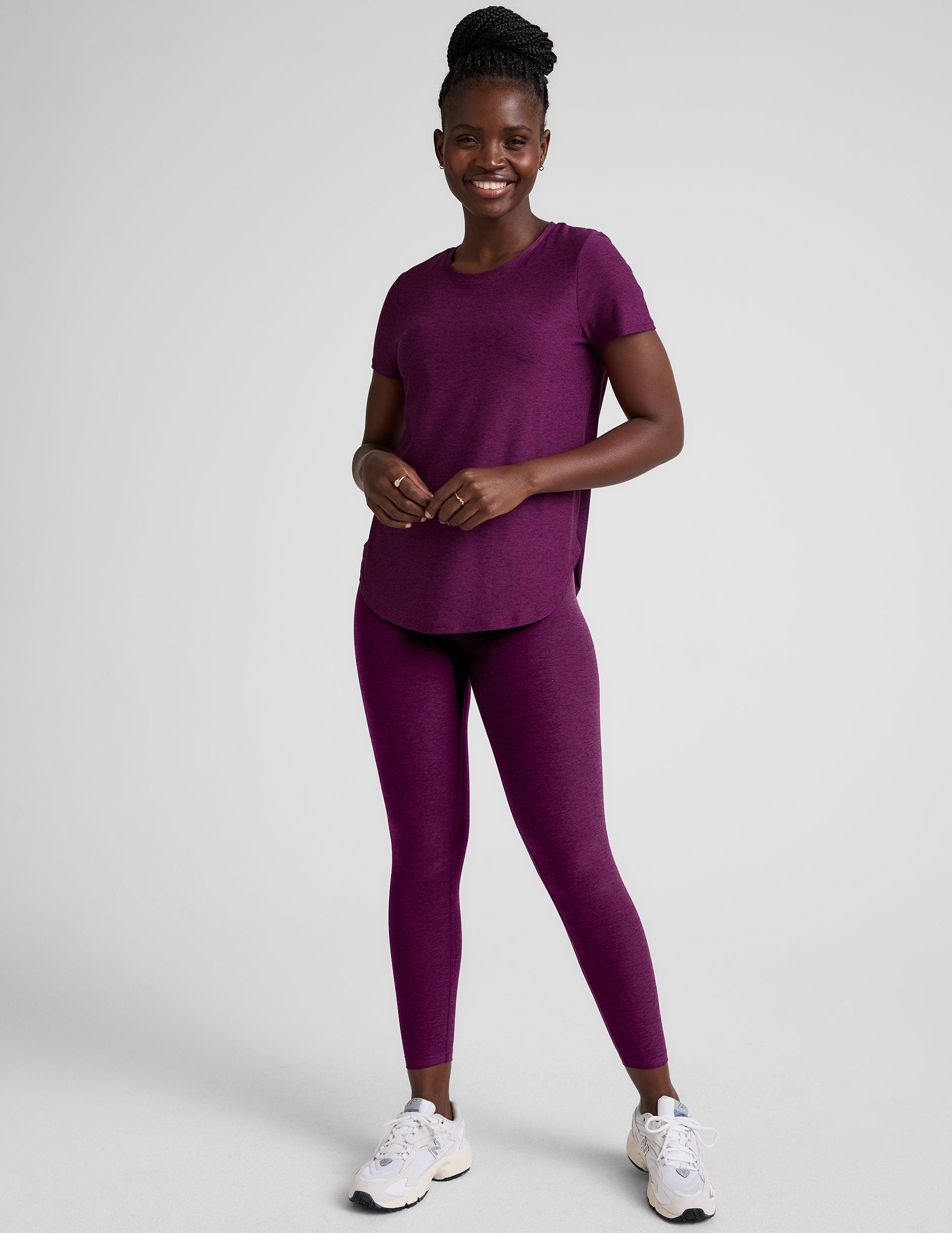 purple scoop neck relaxed fit short sleeve top.