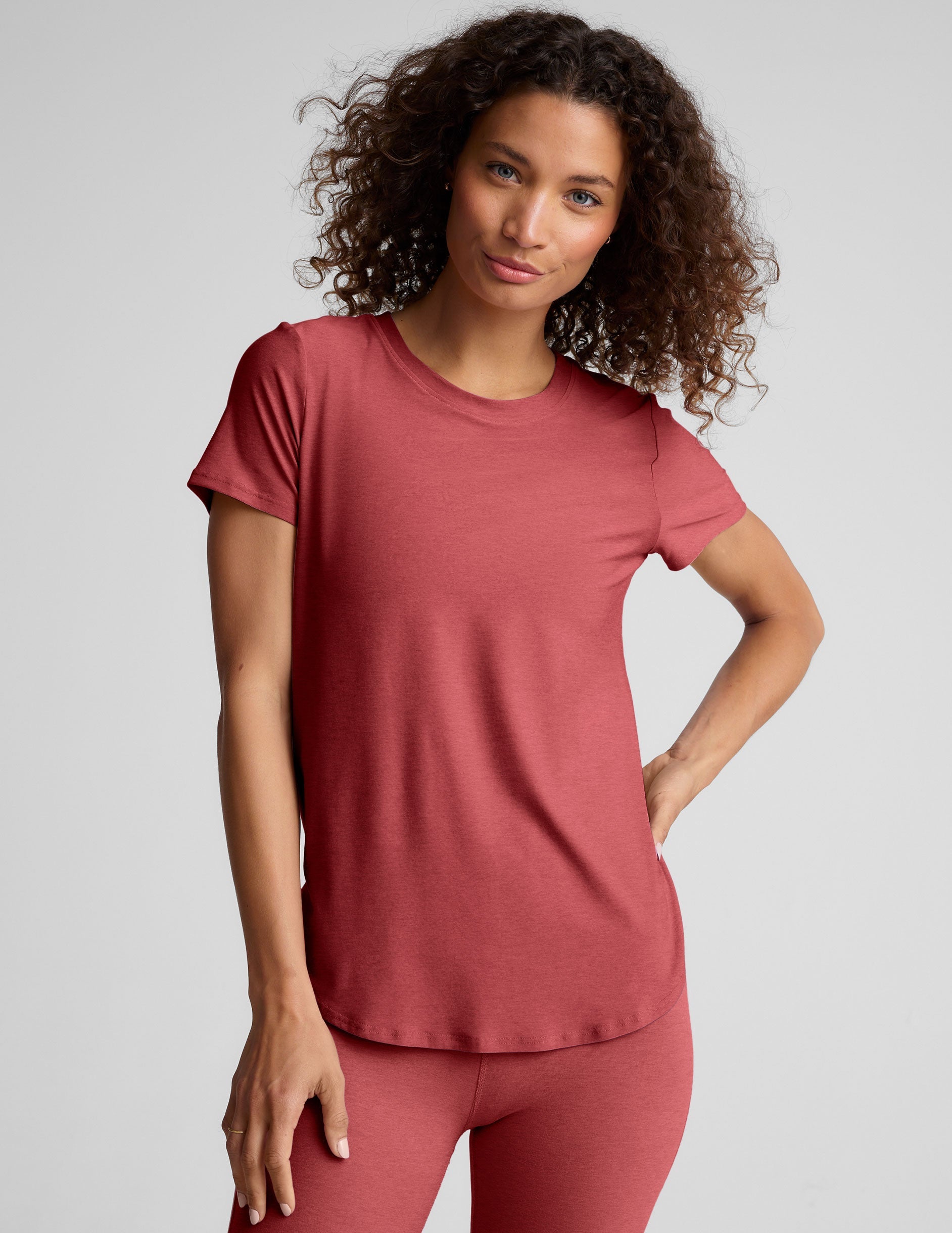red scoop neck relaxed fit t-shirt.