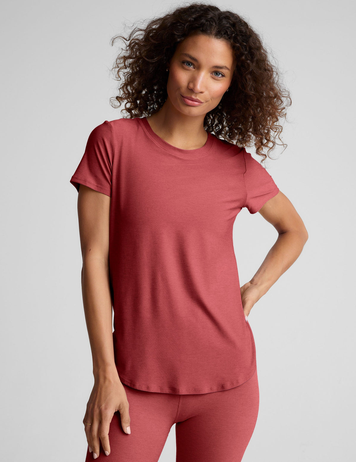 red scoop neck relaxed fit t-shirt.