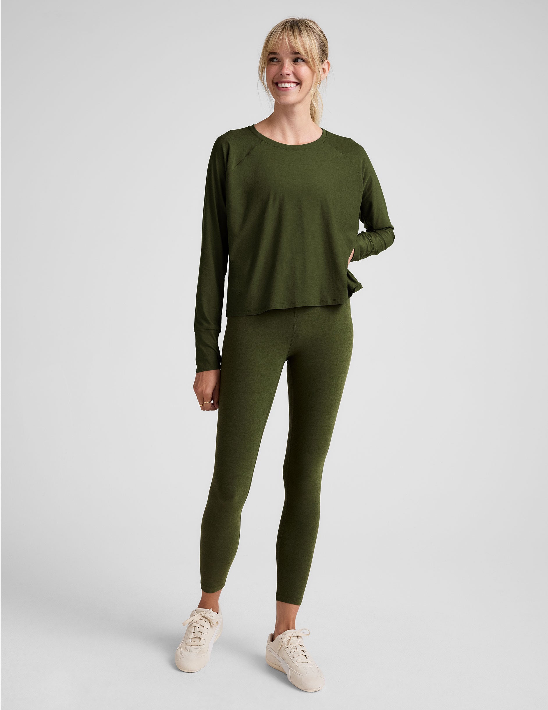green scoop neck long sleeve relaxed fit top.