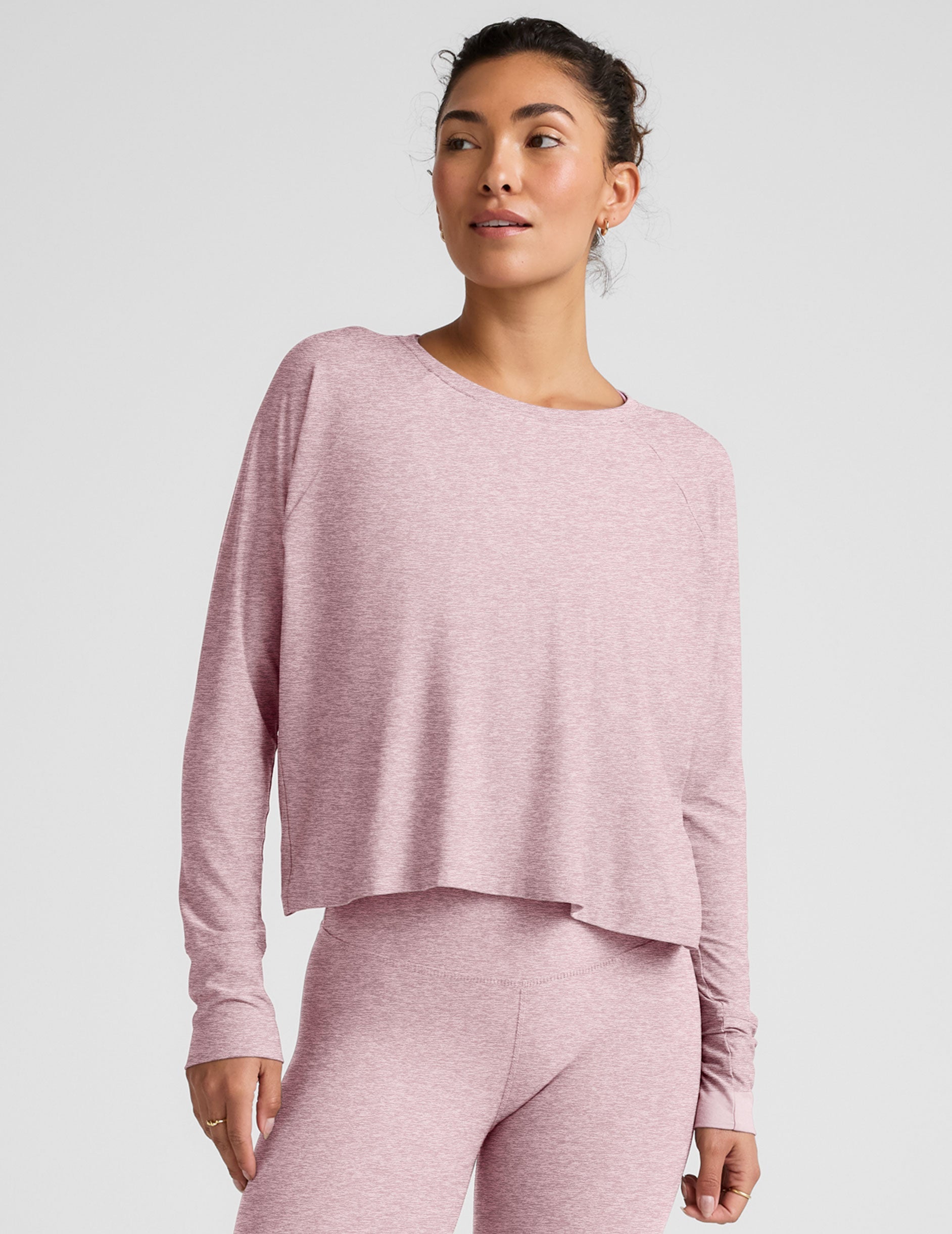 pink scoop neck long sleeve top.