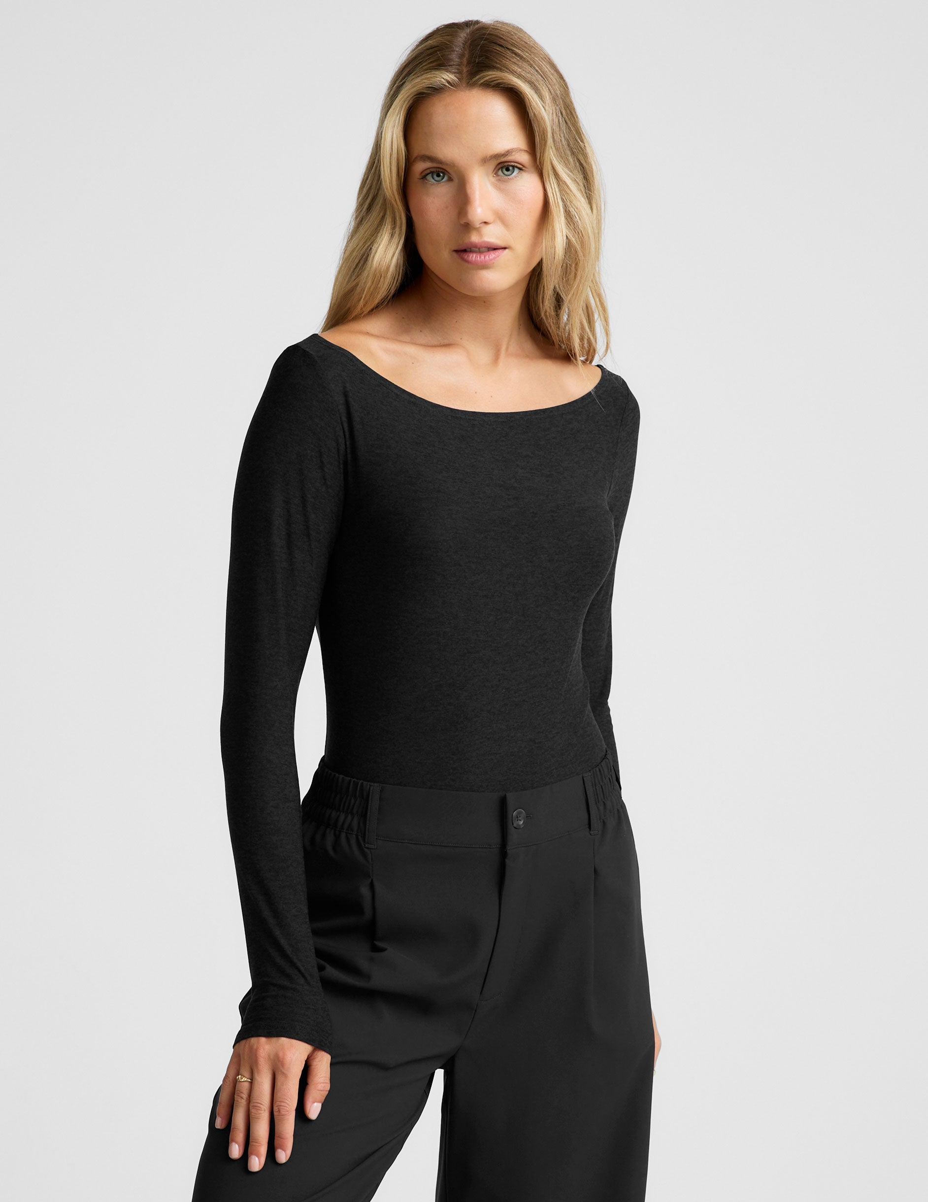 black boat neck long sleeve top.