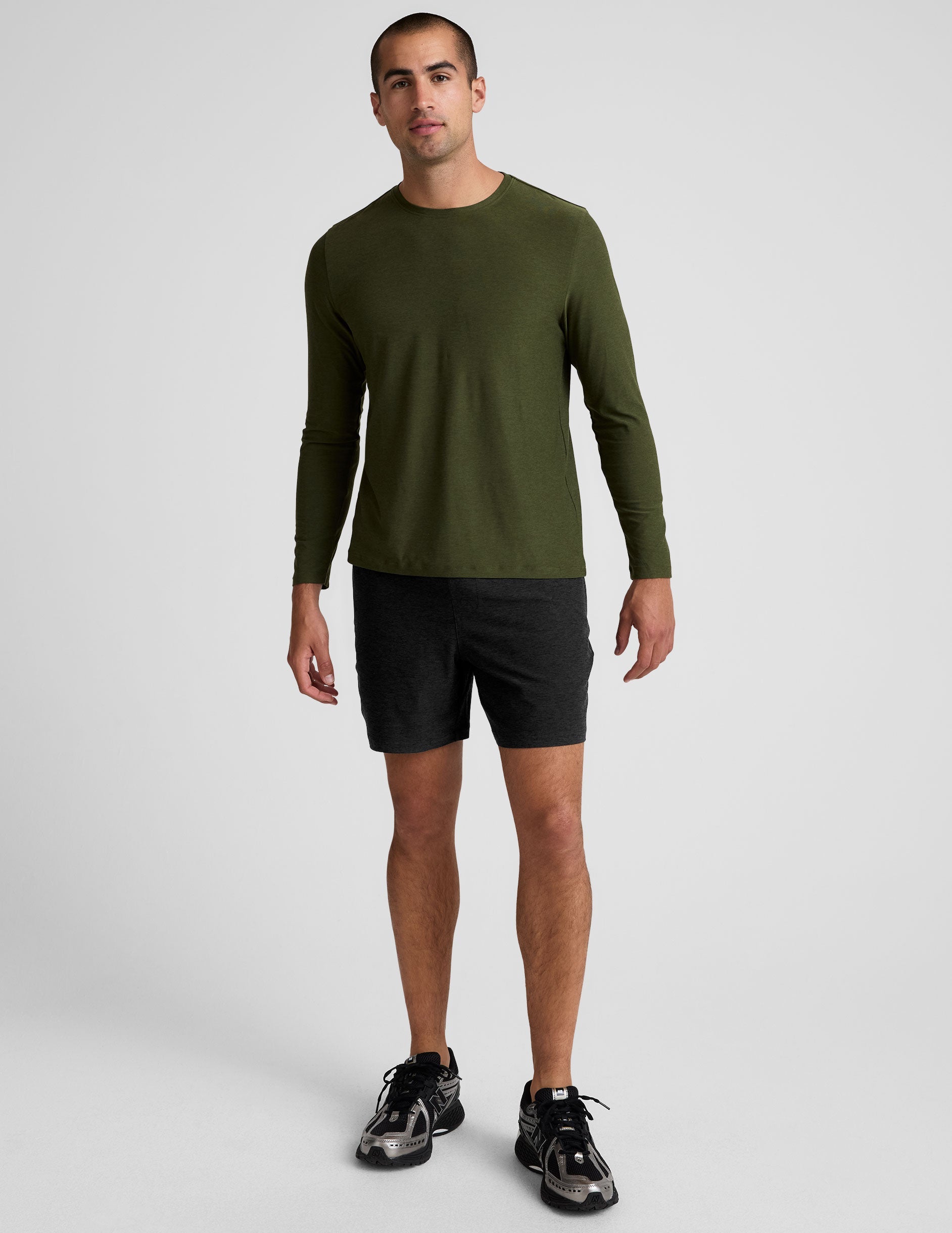 green long sleeve crew neck men's top.