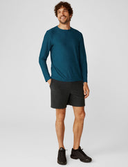 blue men's long sleeve crew neck top.