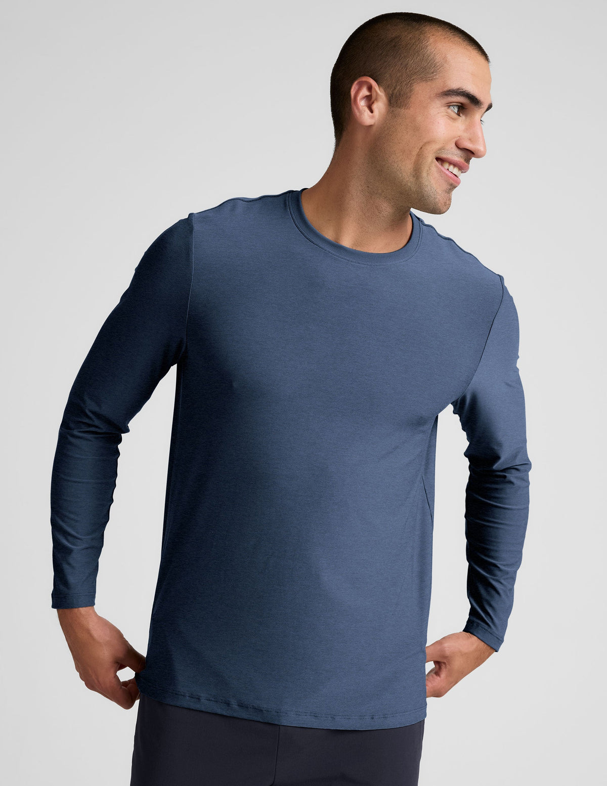 blue long sleeve crew neck men's top.