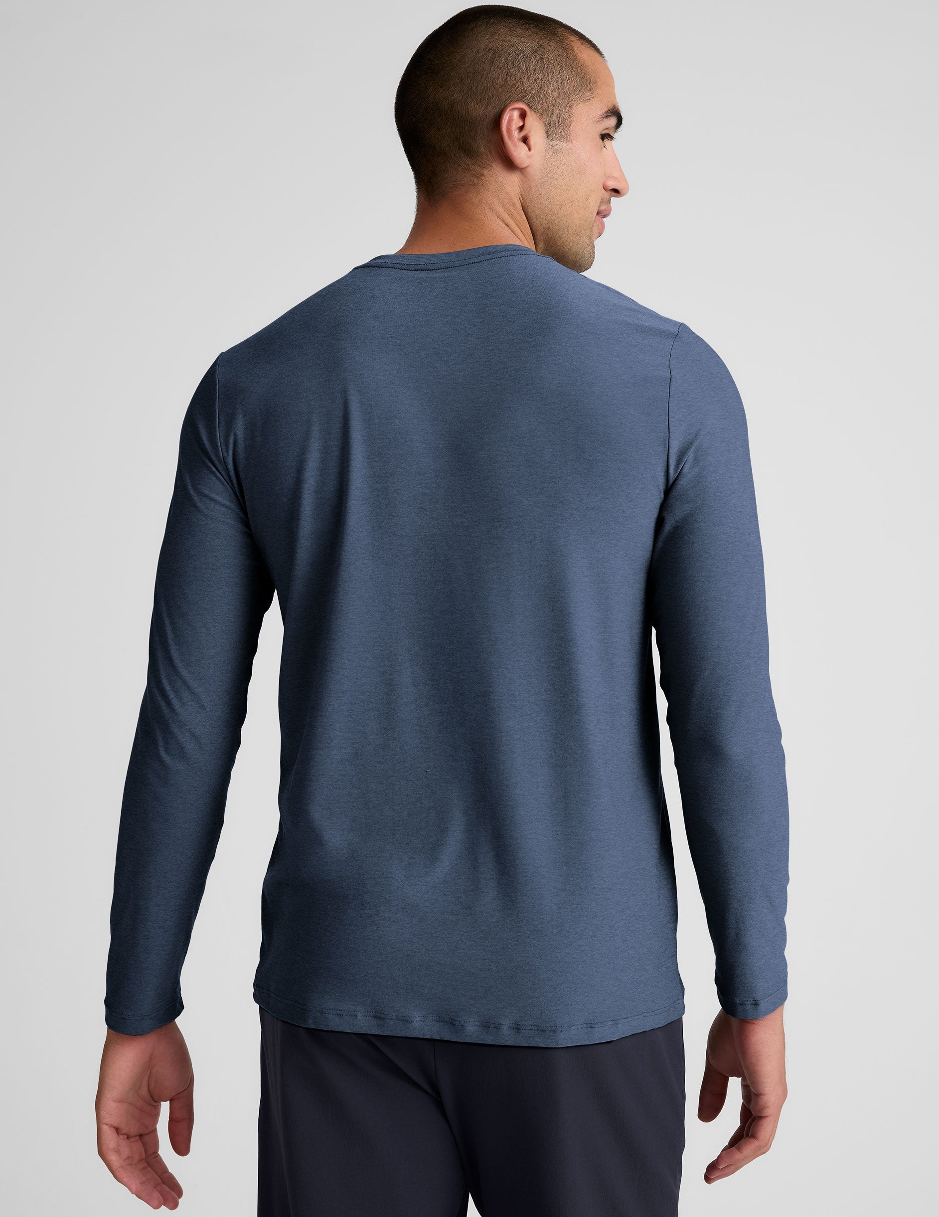 blue long sleeve crew neck men's top.