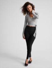 gray long sleeve wrap top with thumb holes.