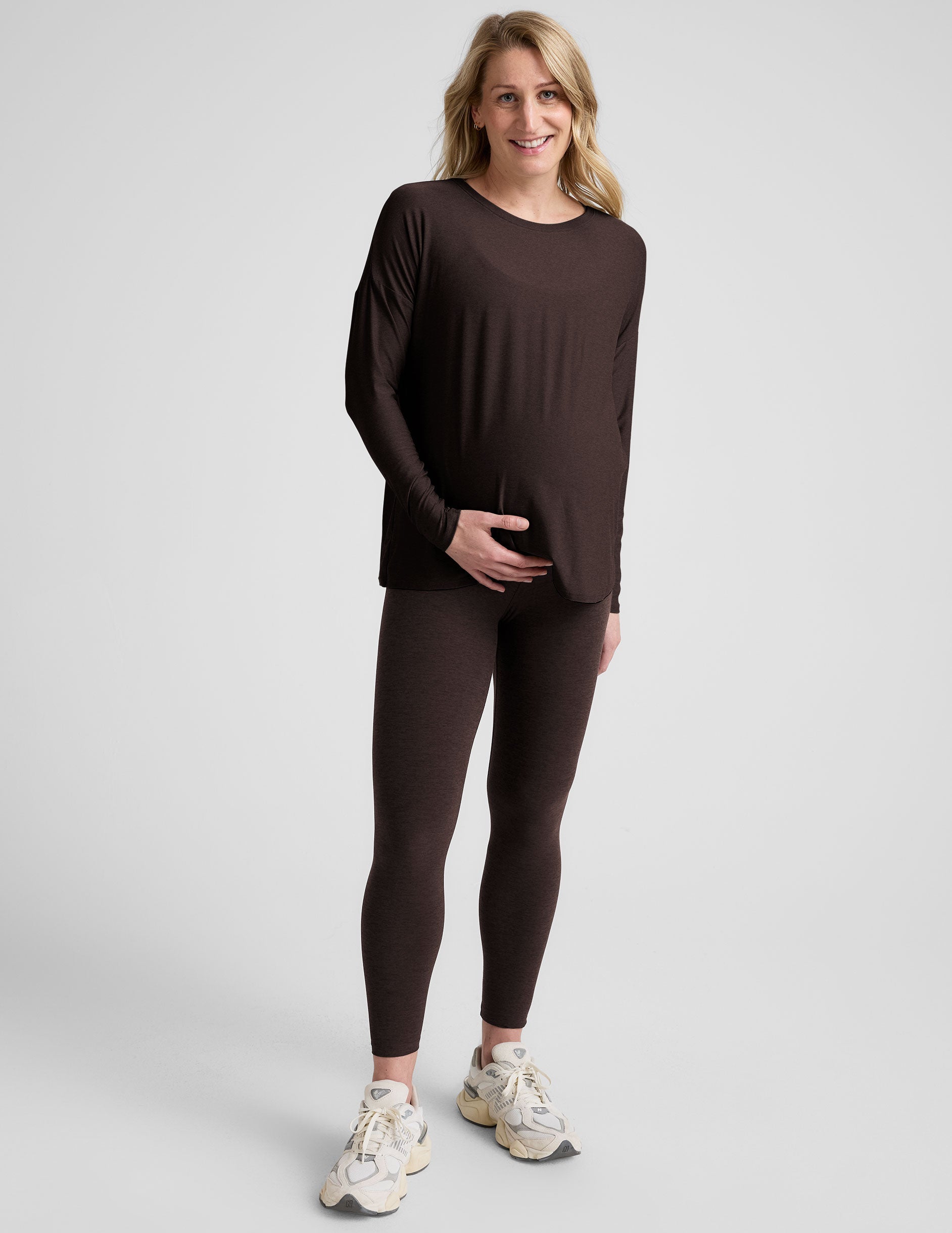 brown long sleeve crew neck maternity top.