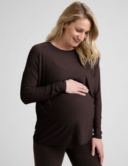 brown long sleeve crew neck maternity top.