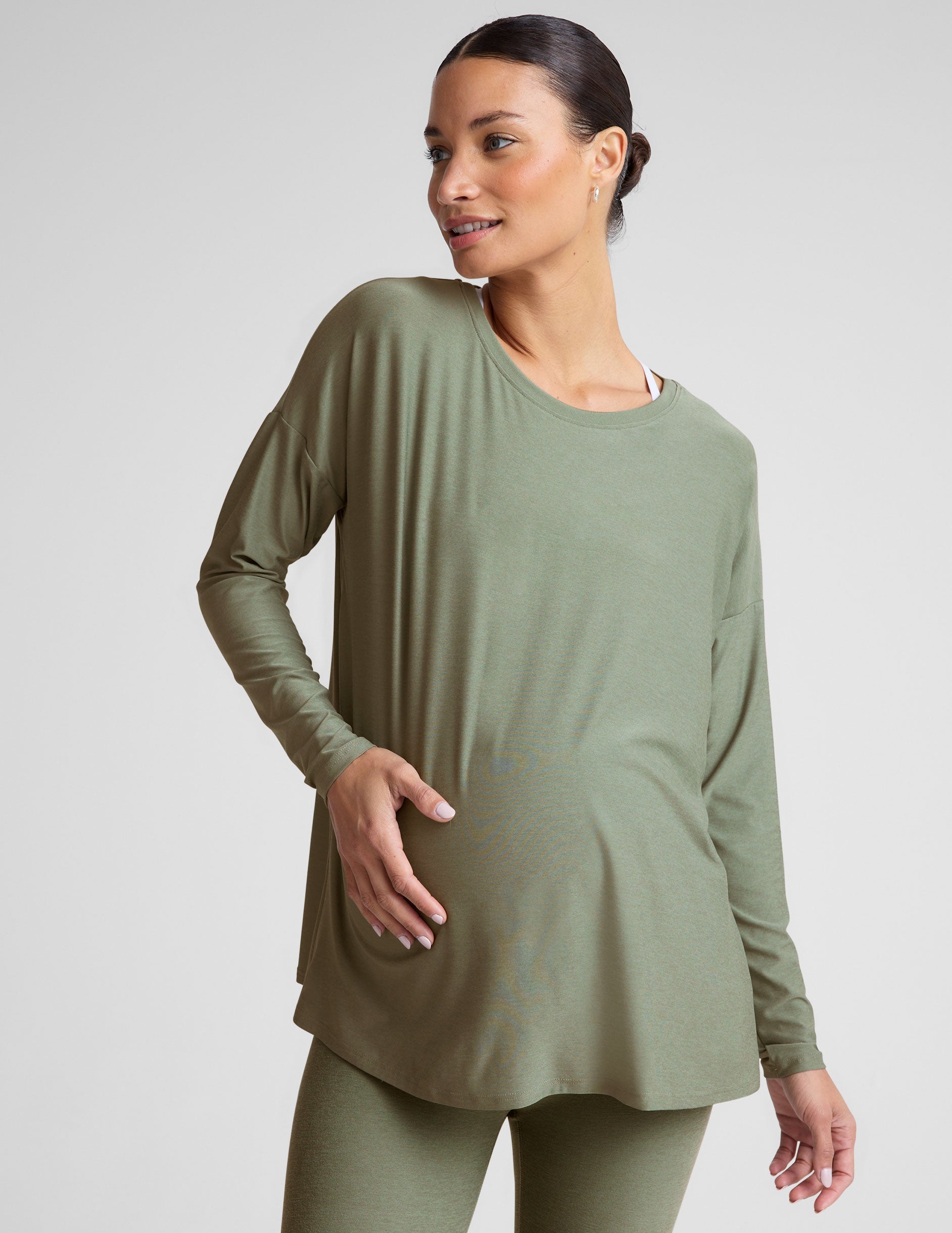 green long sleeve long length maternity top.
