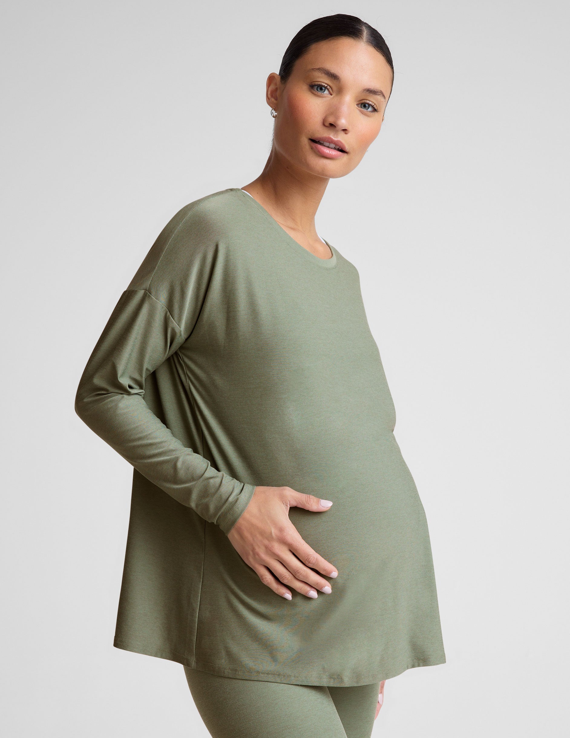 green long sleeve long length maternity top.
