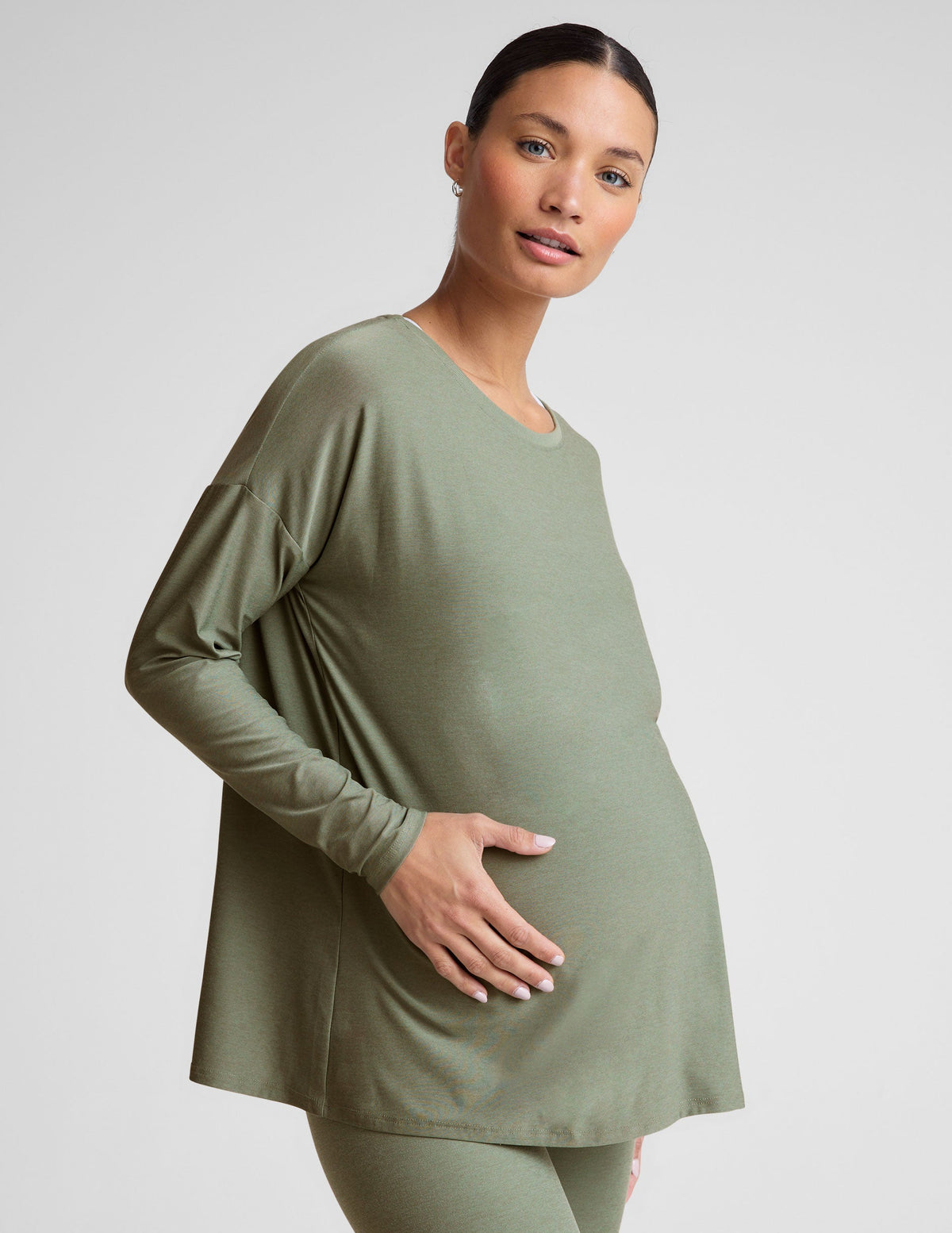 green long sleeve long length maternity top.