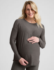 grey crew-neck long sleeve maternity top.