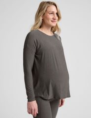 grey crew-neck long sleeve maternity top.