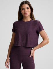 model wearing a purple cropped crew neck t-shirt and pants on a plain background.