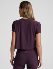 model wearing a purple cropped crew neck t-shirt and pants on a plain background.