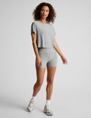 gray short sleeve loose-fitting cropped tee with a scoop neckline.