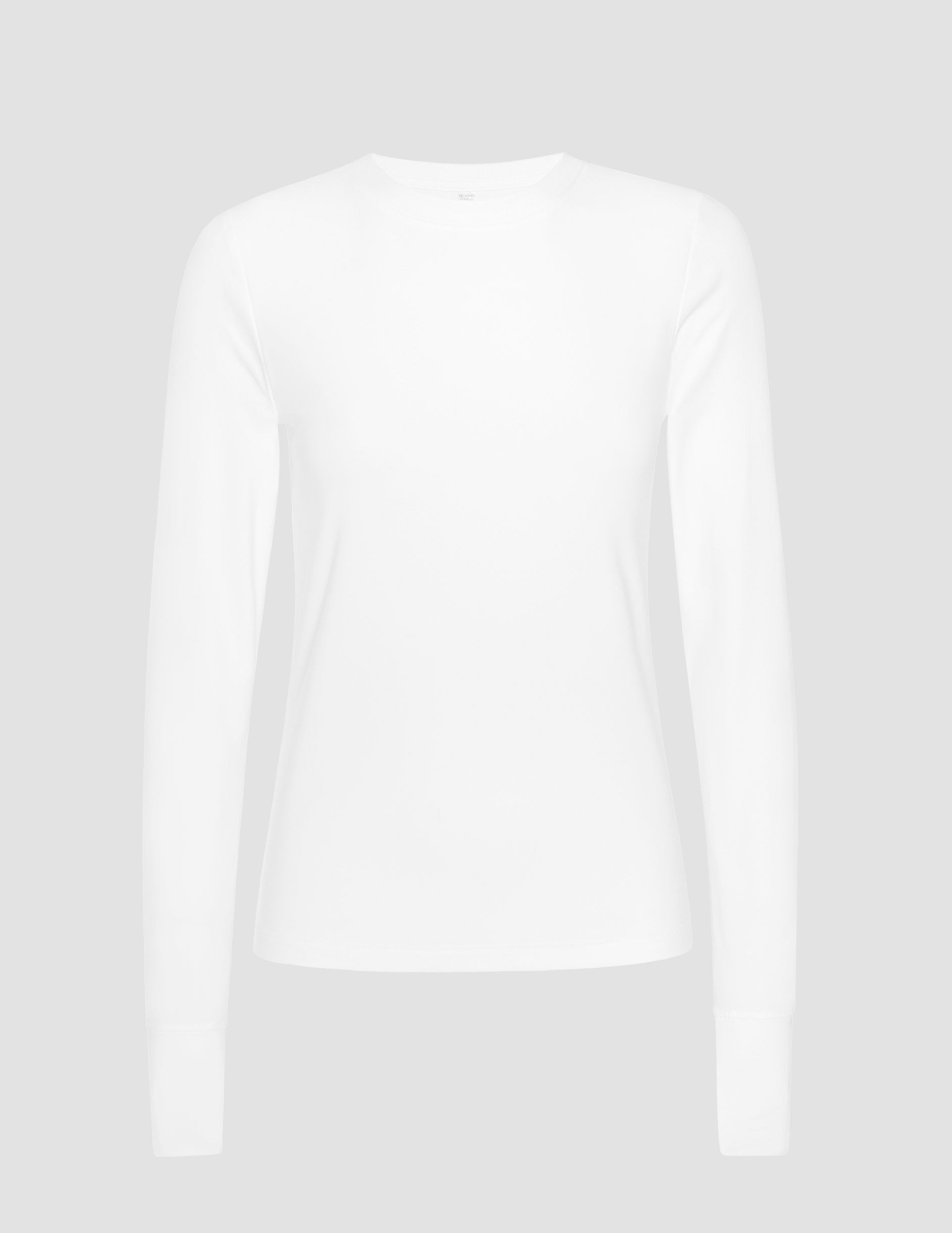 white crew neck long sleeve with thumb holes.