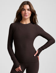 brown crew neck long sleeve with thumb holes.