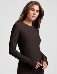 brown crew neck long sleeve with thumb holes.