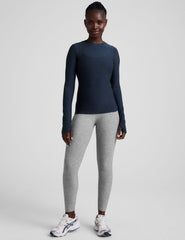 blue crew neck long sleeve with thumb holes.