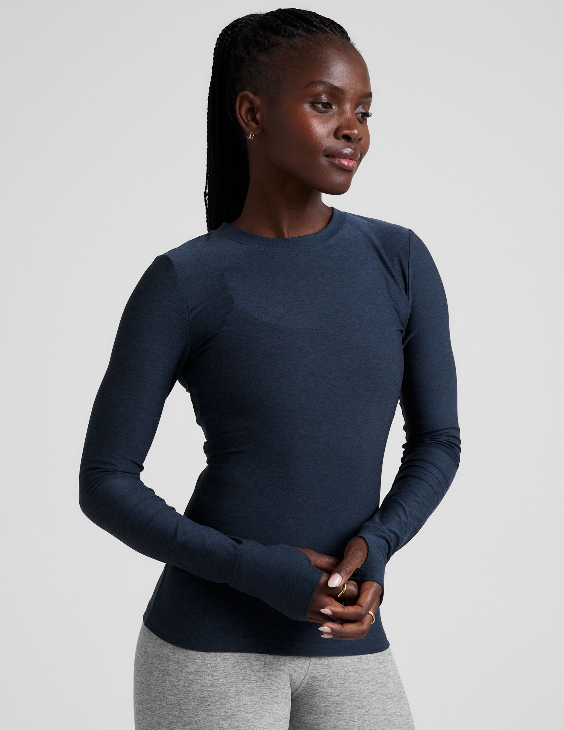 blue crew neck long sleeve with thumb holes.