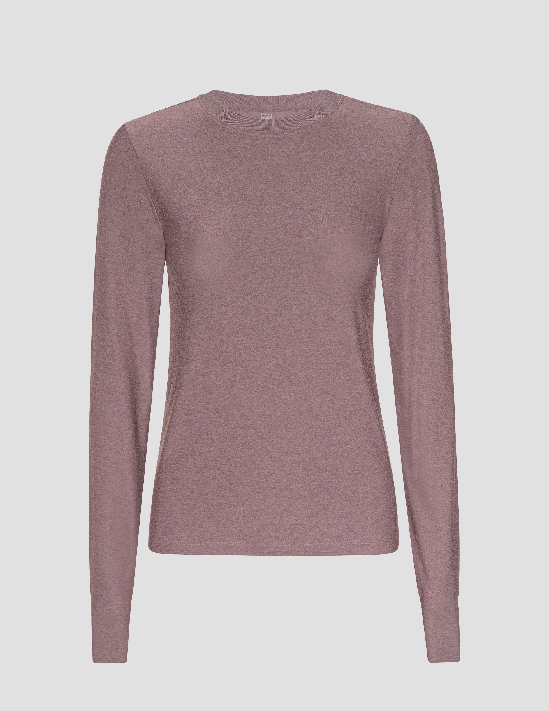 mauve long-sleeve fitted crew neck shirt on a light gray background.