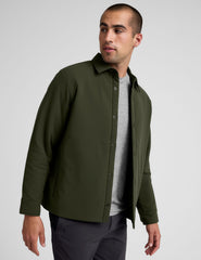 green men's button up insulated jacket with a shirt collar and side seam invisible zipper pockets.