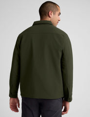 green men's button up insulated jacket with a shirt collar and side seam invisible zipper pockets.