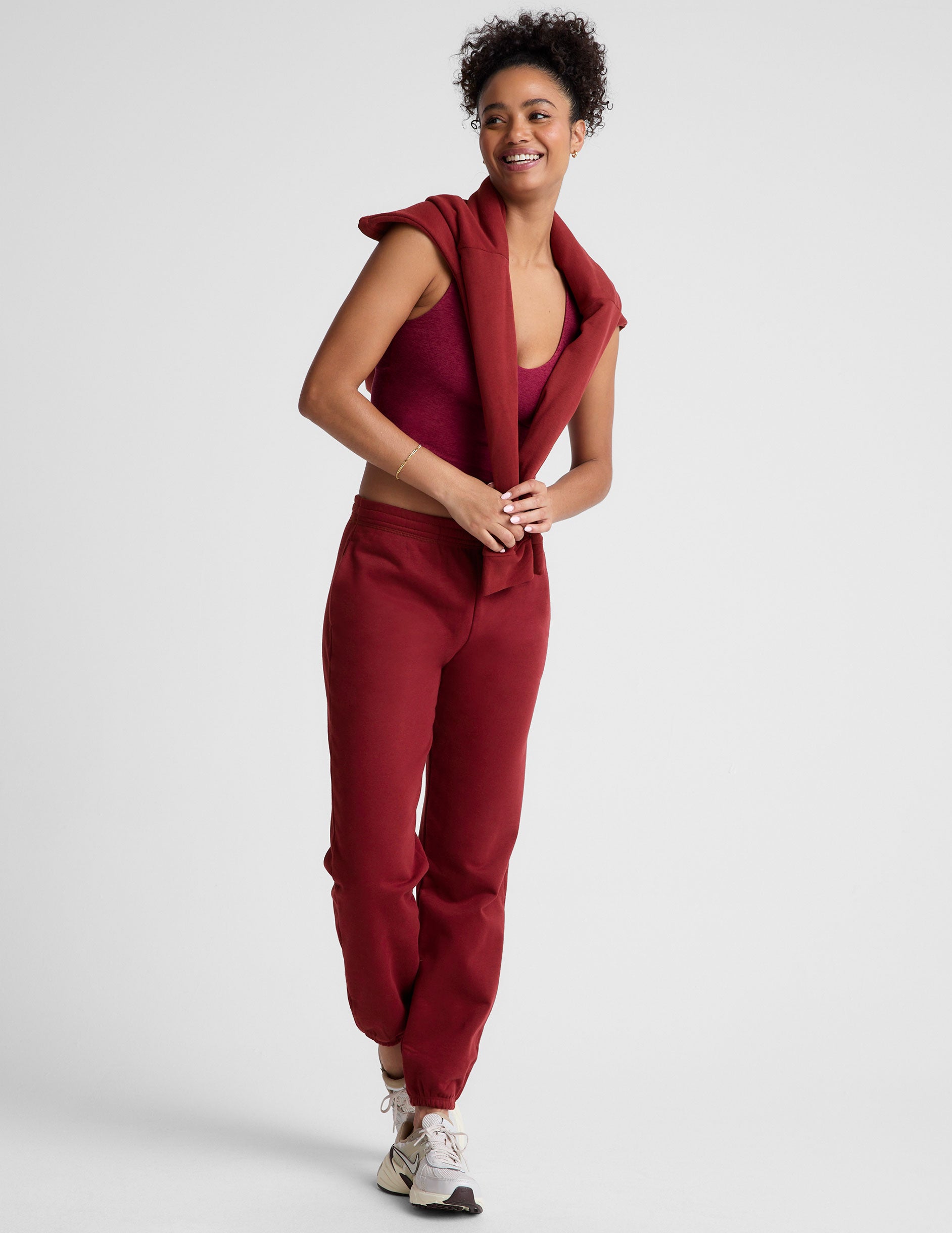 red fleece jogger sweatpants.