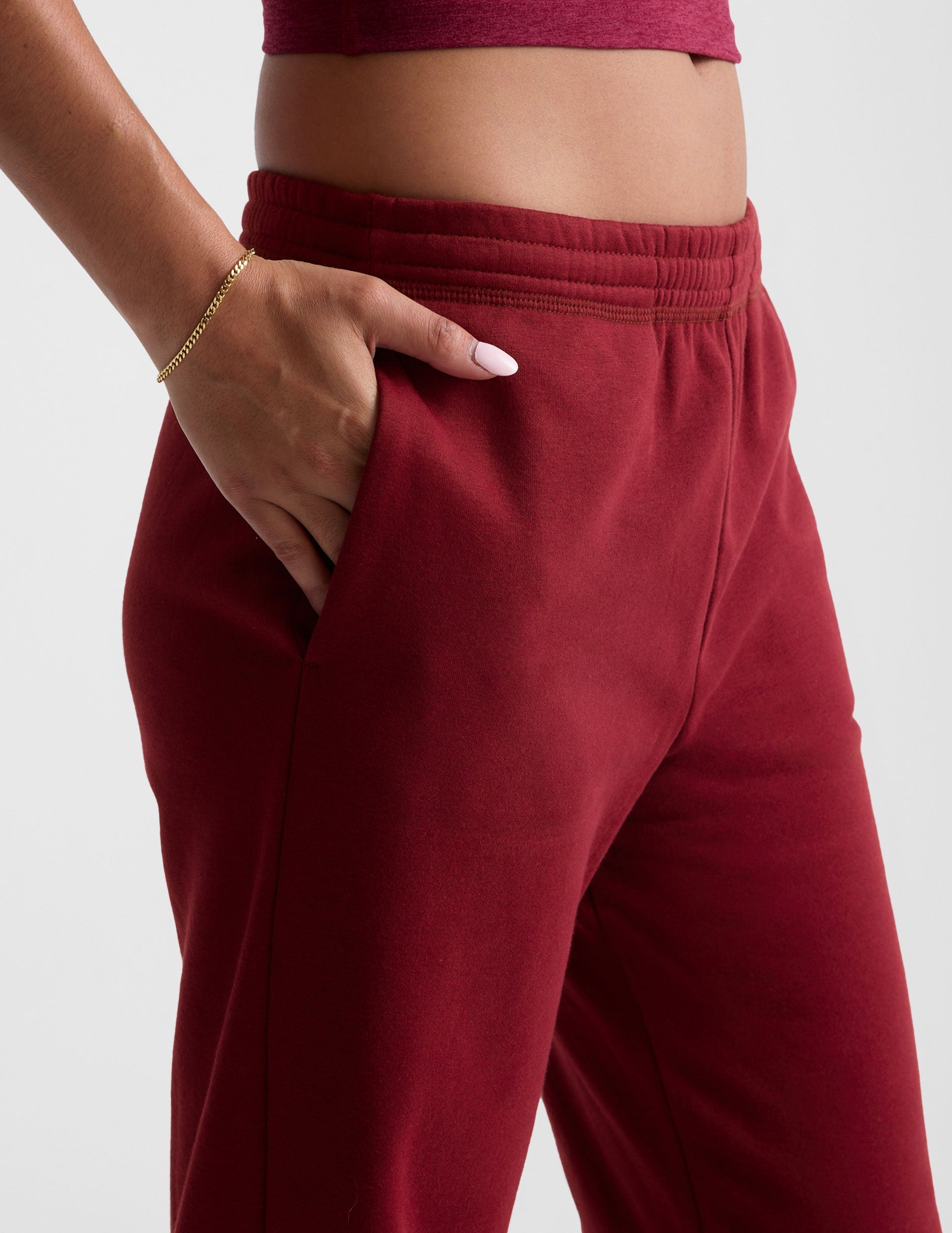 red fleece jogger sweatpants.