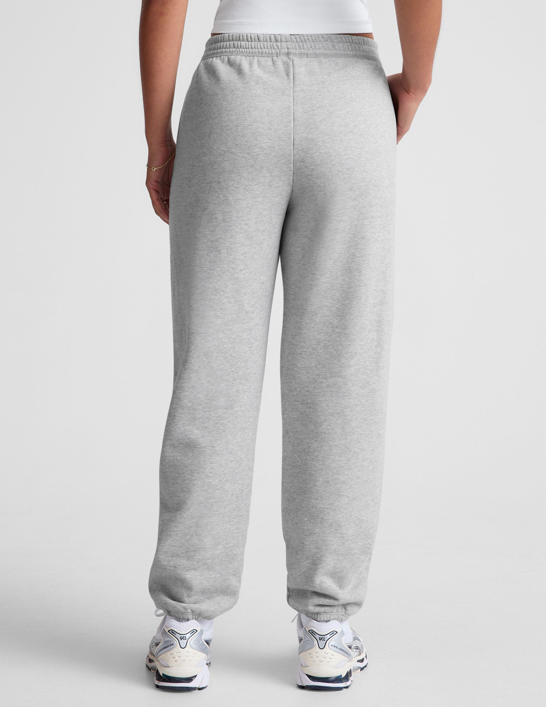 gray midi fleece joggers with pockets.