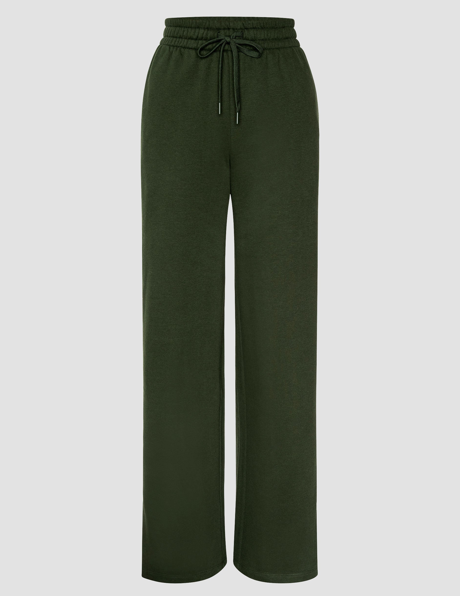 green mid-rise wide leg sweatpants with side slits and a drawcord at waistband.
