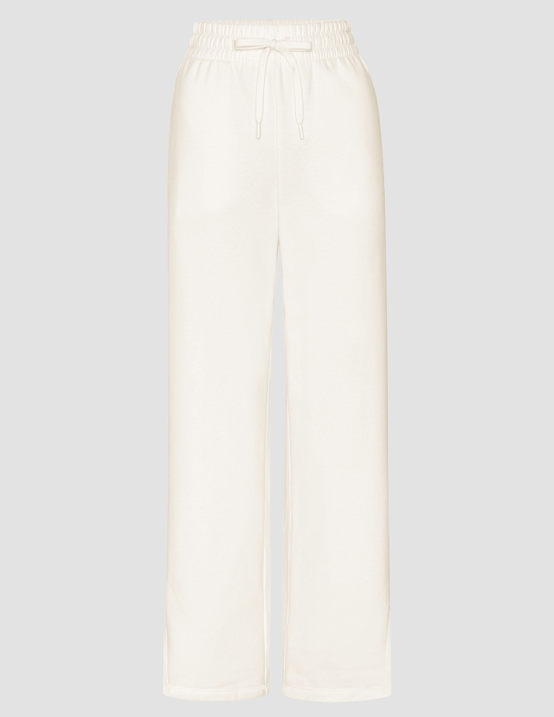 white mid-rise wide leg sweatpants with side slits and a drawcord at waistband.