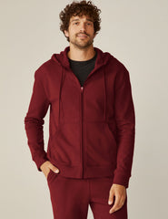 red men's zip-up hooded jacket with pockets.