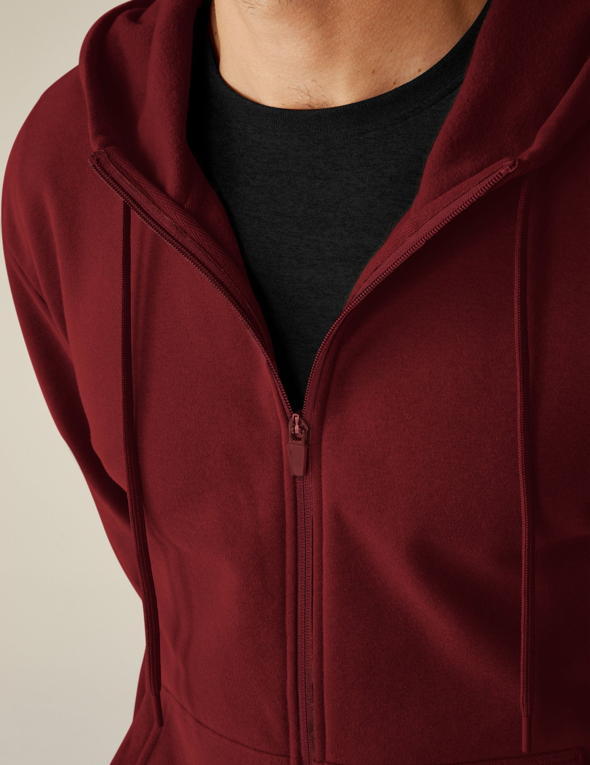 red men's zip-up hooded jacket with pockets.