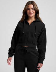 black fleece zip-up jacket with a drawstring hood.