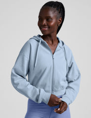 blue fleece zip-up jacket with a drawstring hood.